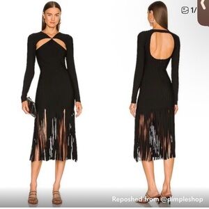 Ronny Kobo CREAM COLOR Long-Sleeve Fringe Midi Dress with Cutout